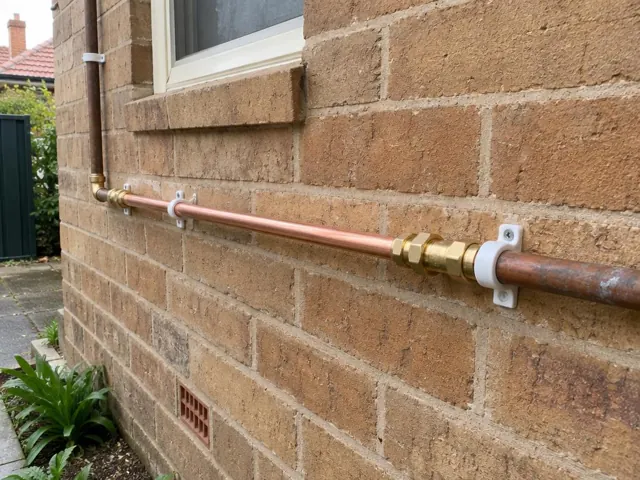 Repaired copper water pipe mounted on a brick exterior wall beneath a window in Enfield